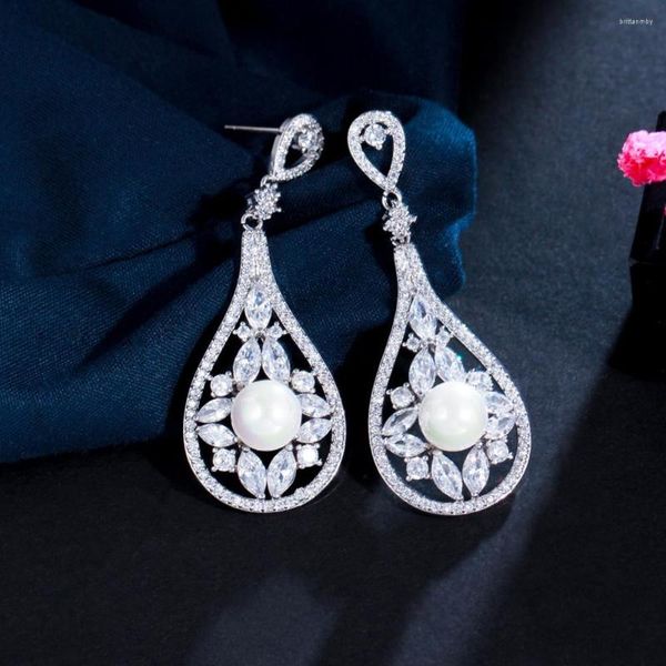 Pendientes colgantes BeaQueen elegante forma de lágrima grande circón cúbico gota de piedra perla Color plata mujeres boda fiesta joyería E446