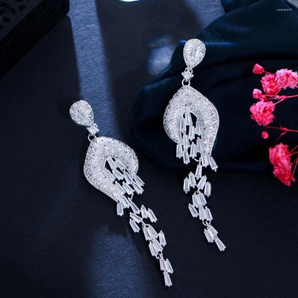 Boucles d'oreilles pendantes BeaQueen longue pendante CZ gland goutte de mariée Micro pavé cubique zircone femmes accessoires de bijoux de fête de mariage E581