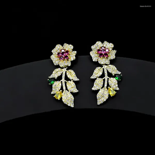 Boucles d'oreilles pendantes en forme de tournesol pour femmes, bijoux de marque colorés, pampilles, feuille, Micro pavé, pierre CZ, plante, tendance