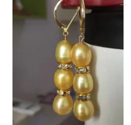 Pendientes colgantes hermosos pendientes de perlas doradas barrocas naturales del Mar del Sur de 12-13 mm 14K/20