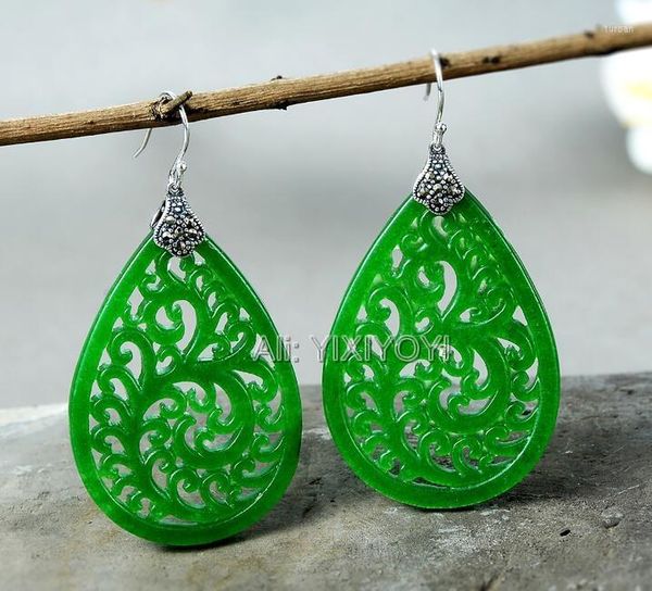 Dangle Boucles D'oreilles Belle 925 Argent Vert Jade Creux Fleur Chute Conception Ancienne Chanceux Boucle D'oreille Charme Cadeau Fine Jewelry