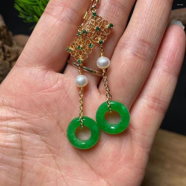 Boucles d'oreilles pendantes en Jade vert pour femme, magnifique perle d'émeraude, chaîne naturelle suspendue, bijoux de luxe, cadeau pour fille