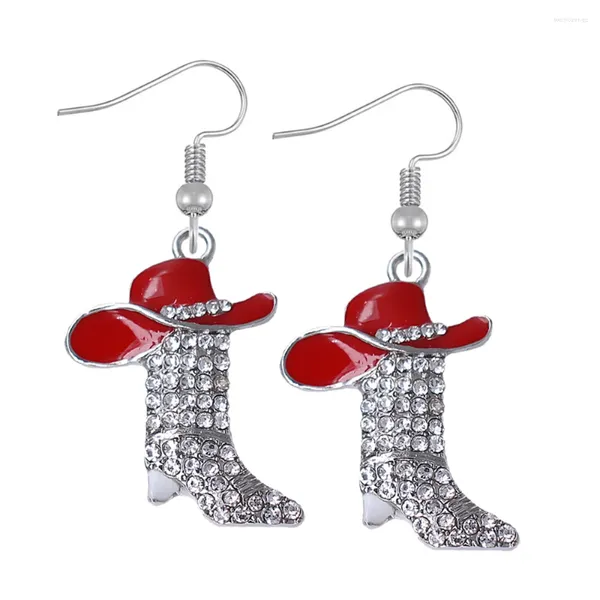 Pendientes colgantes bellamente esmaltados, botas de vaquero, sombrero, colgante, gota de metal con incrustaciones de cristal exageradas para mujer