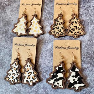 Dangle Oorbellen Bezel Cheetah Print Echt Leer Kerstboom Hout Drop Vrouwen Meisjes Partij Sieraden Geschenken Groothandel