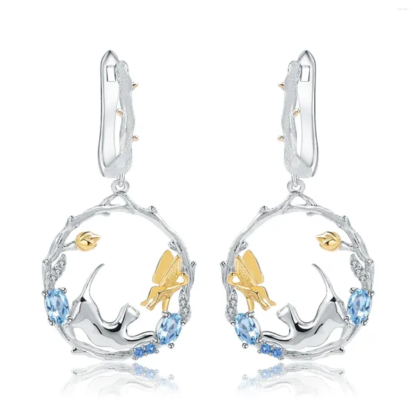 Pendientes colgantes Big Bigoss 925 Sterling Silver Round Round Blue Topaz Gemstone Custom Luxury Drop for Women