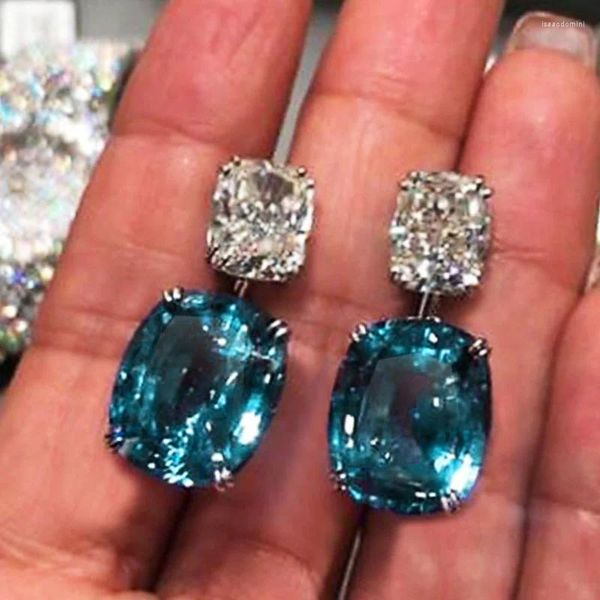 Boucles d'oreilles pendantes en zircone cubique bleu/blanc, accessoires brillants pour femmes, couleur argent, bijoux de luxe à la mode pour fête de mariage