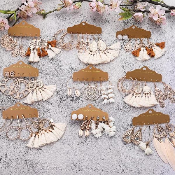 Pendientes colgantes grandes redondos Beige blanco borla conjunto para mujer étnico Vintage bohemio flecos pendiente novia boda joyería Accesorios