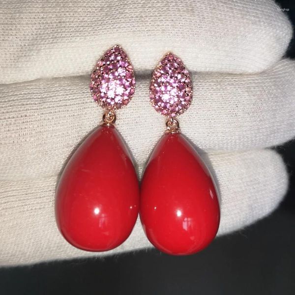 Pendientes colgantes Gran gota de agua Rojo turquesa colgante con piedra natural y circón cúbico pavimentado Joyería de fiesta chapada en oro rosa al por mayor