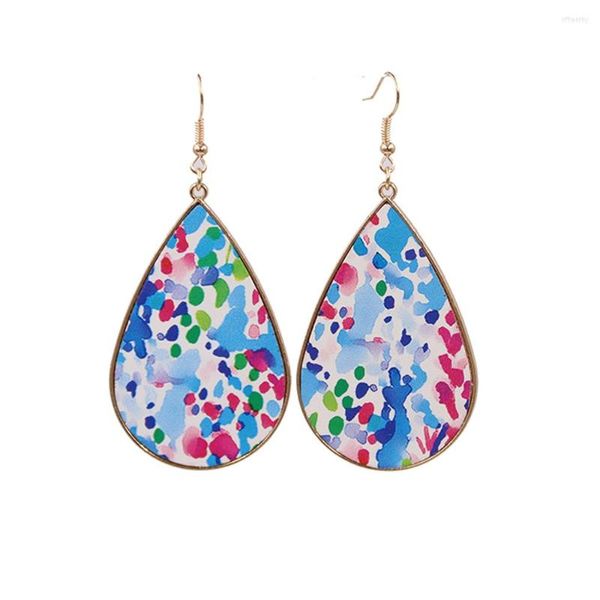 Boucles d'oreilles pendantes Big WaterDrop Drawing Pu Leather Metal Fram Colorful Check Print Teardrop