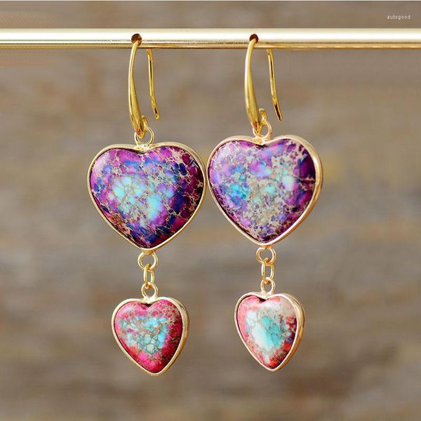 Pendientes colgantes bicapa Bohemia piedra emperador Natural en forma de corazón para mujeres niñas colorido Vintage gancho para la oreja regalo