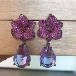 Boucles d'oreilles en peluche Bilincolor Fashion Purple Zircon Flower Drop Boucle pour femmes