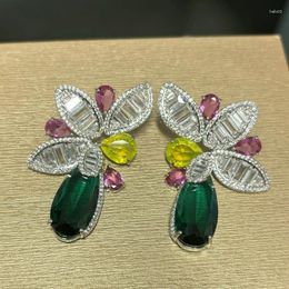 Pendientes colgantes Bilincolor flor de moda verde pendiente de circonita cúbica para mujer