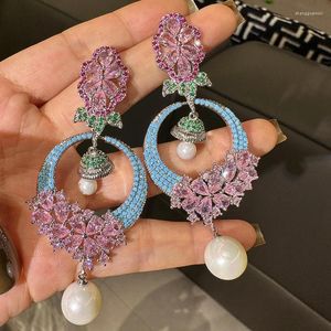 Boucles D'oreilles Pendantes Bilincolor Vintage Rose Cercle Creux Rose Zircon Fleur Perle Pour Femme