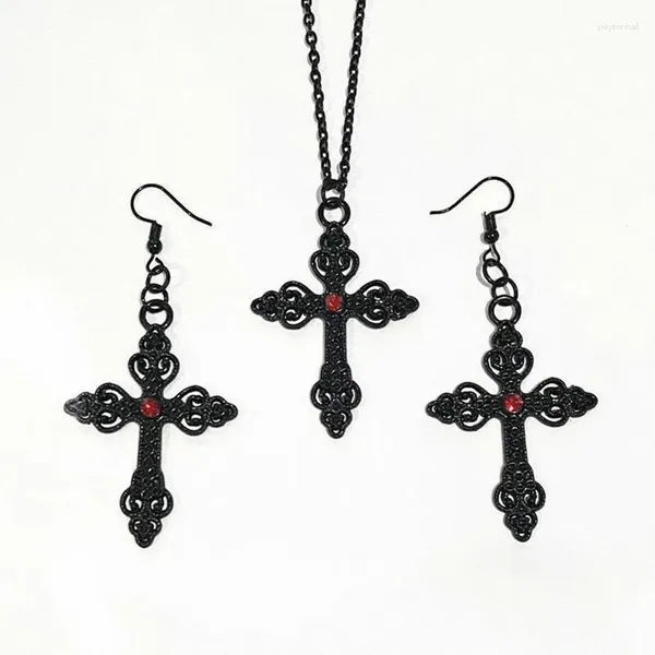 Pendientes colgantes Collar de cruz de aleación negra Adorno de ganchillo de oreja y encanto gótico Adorno colgante grande Joyería Regalo de San Valentín Mujeres 2024