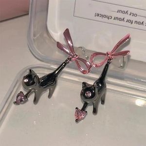 Boucles d'oreilles pendantes en strass pour femmes, chat noir, cœur rose, nœud goutte, doux, créatif, amusant, esthétique Y2k, bijoux tendance 2024