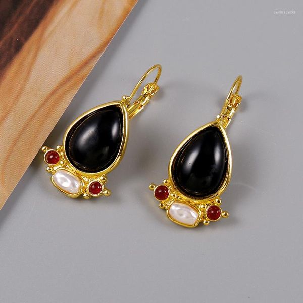 Boucles d'oreilles pendantes en Onyx noir plaqué or jaune pour femmes, bijoux élégants en perles