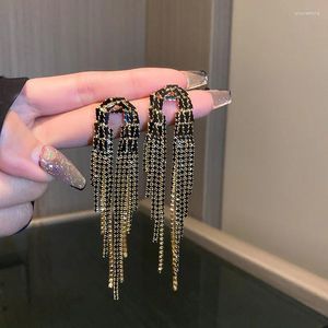 Pendientes colgantes con borlas de cristal de Rehinestone negro para mujer, pendientes brillantes para fiesta, accesorios elegantes de joyería de moda para mujer