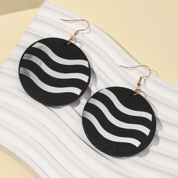 Boucles d'oreilles pendantes en bois pour femmes, pendentif rond imprimé vague noire, accessoires bijoux, cadeau