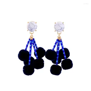 Boucles d'oreilles pendantes en perles acryliques bleues, boule ronde Pom, pierre synthétique, accessoires ethniques faits à la main pour femmes
