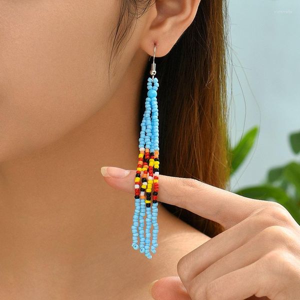 Boucles d'oreilles pendantes bleu Boho riz perlé avec des perles suspendues colorées pour femme graine longue perle boucle d'oreille bijoux été 2023 tendance