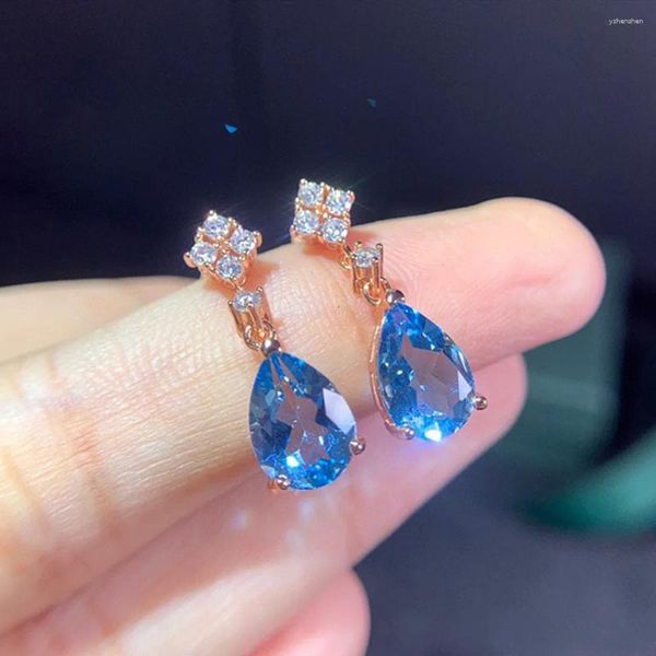 Boucles d'oreilles pendantes en cristal bleu topaze aigue-marine pierres précieuses diamants trèfle fleurs goutte pour femmes 18 carats or rose rempli Bijoux Bijoux cadeau