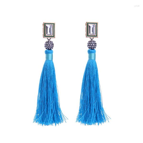 Boucles d'oreilles pendantes en verre bleu, pompon en coton, longue breloque bohème, bijoux ethniques Vintage pour robe