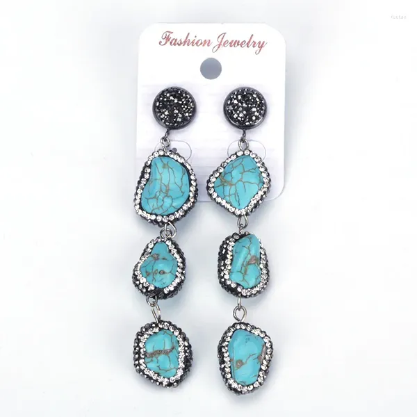 Boucles d'oreilles pendantes bleues, pierres semi-précieuses irrégulières, pendentif turquoise pavé de perles en strass, couche superposée, breloques pour femmes, cadeau