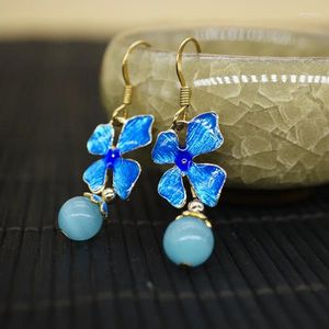 Dangle Oorbellen Blauwe Jade Bloem Amulet Bedels Sieraden Vrouwen Edelstenen Vintage Accessoires Luxe Natuurlijke 925 Zilver Designer Chinees