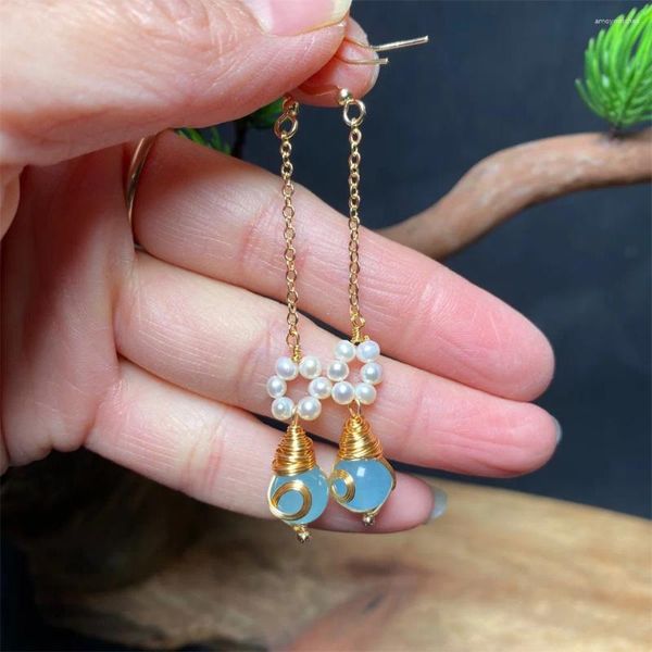 Boucles d'oreilles pendantes en perles de Jade bleues, en or 14 carats, pierre de Style ancien chinois, bijoux cadeaux pour femmes et filles