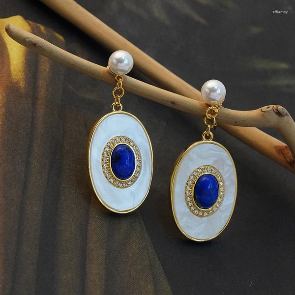 Brincos pendurados azul lápis-lazúli feminino vintage pérola high-end moda nicho design elegante ol eardrop