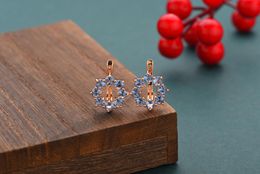 Boucles d'oreilles pendantes bleues rondes creuses en Zircon naturel, romantique, couleur or Rose fin, à la mode, bijoux de mariage pour femmes, jolis au quotidien, 585
