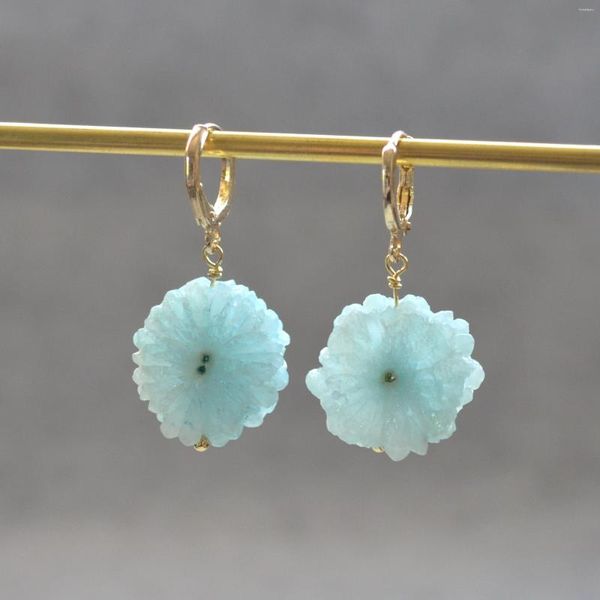 Pendientes colgantes de cuarzo solar azul, piedra de flor de sol, pendiente Druzy, joyería para mujer