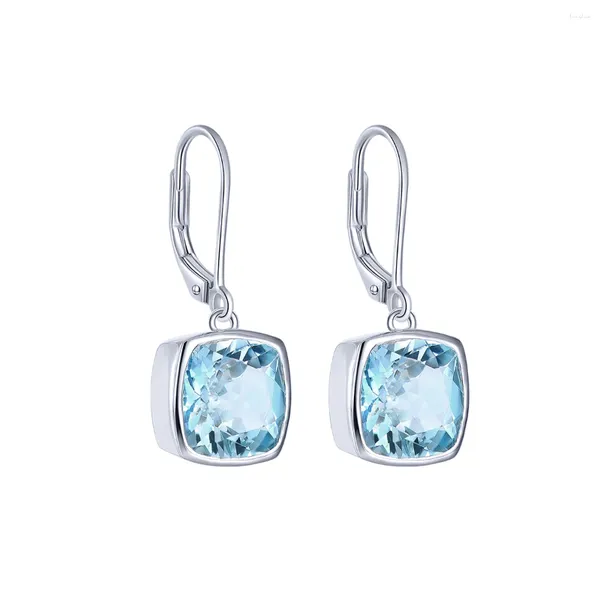 Pendientes colgantes BOEYCJR 925 cojín de plata 9x9mm 5.4ct ajuste de bisel de topacio azul Total gota de piedra preciosa Natural para regalo de mujer