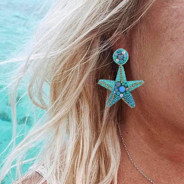 Pendientes colgantes con cuentas bohemias para mujer, gota de estrella de mar hecha a mano con cuentas, estrella del mar azul, serie con diseño marino, joyería de playa de verano