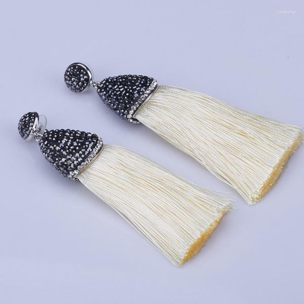 Boucles d'oreilles pendantes bohême Boho classique Shampagne tissu Beige gland épais noir strass capuchon connecteur goujons boucle d'oreille pour les femmes