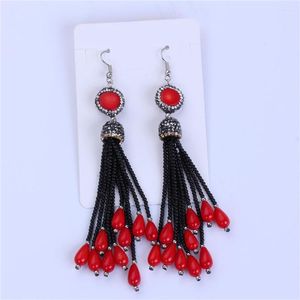 Boucles d'oreilles en peluche bohémie boho perles en verre noir bleu foncé avec corail rouge turquoises connecteur charms gland épais longs pour les femmes