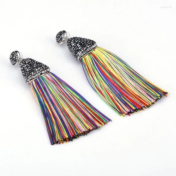 Boucles d'oreilles pendantes style bohémien, style bohème, multi-coloré, en soie, épais, pompon avec capuchon en strass noir, goujons de connecteur pour femmes