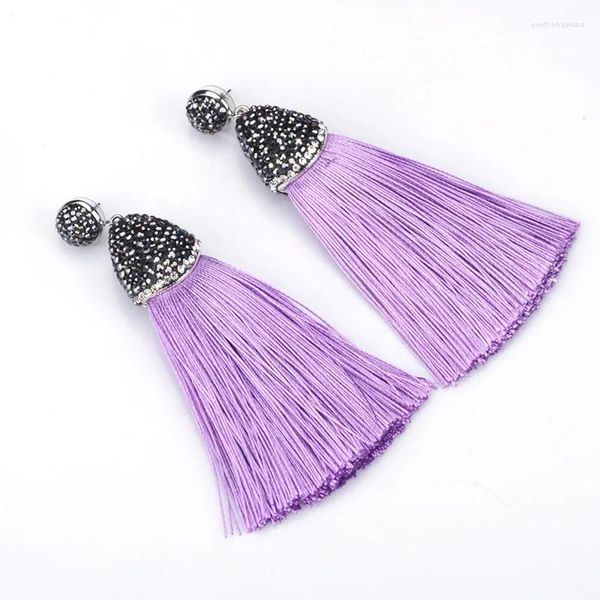 Boucles d'oreilles pendantes bohémien, série violette, Voilet lilas, pompon épais en soie, strass noir, connecteur de capuchon pour femmes