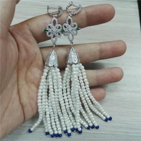 Pendientes colgantes Bohemia Color CZ Zircon Charms 3mm redondo Natural azul marino cuentas y perlas 8 hileras de borlas para mujer