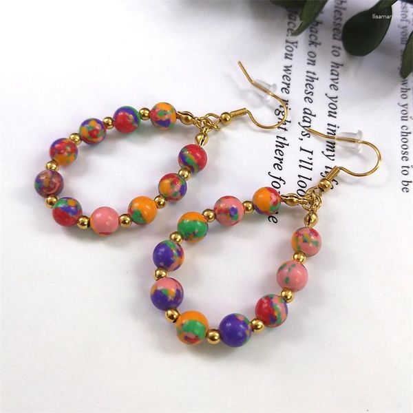 Boucles d'oreilles pendantes bohême perles colorées goutte boucle d'oreille en acier inoxydable pierre naturelle Boho plage Dangel cadeau de noël bijoux ESG01S07