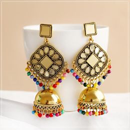 Pendientes colgantes Bohemia Cuentas coloridas Borla Joyería Gitana Mujer Vintage Chapado en oro Bollywood Oxidado Jhumka