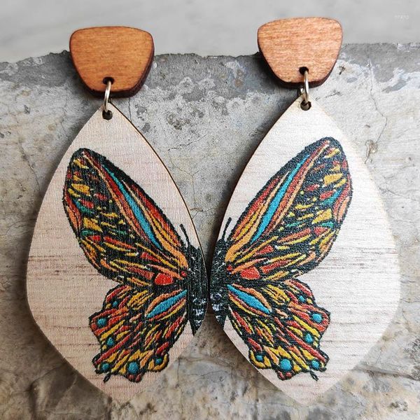 Boucles d'oreilles pendantes bohême coloré papillon bois pour femmes Vintage Boho imprimé insecte géométrique goutte bijoux de mode