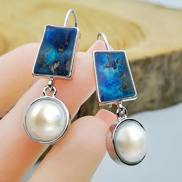 Boucles d'oreilles pendantes Style ethnique bohémien, Imitation de perles pour femmes, motif fleur bleu foncé, accessoires de déclaration en métal
