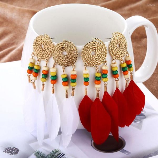 Boucles d'oreilles pendantes bohême mode plume blanche pendentif perle de riz frange bijoux pour femmes mariage