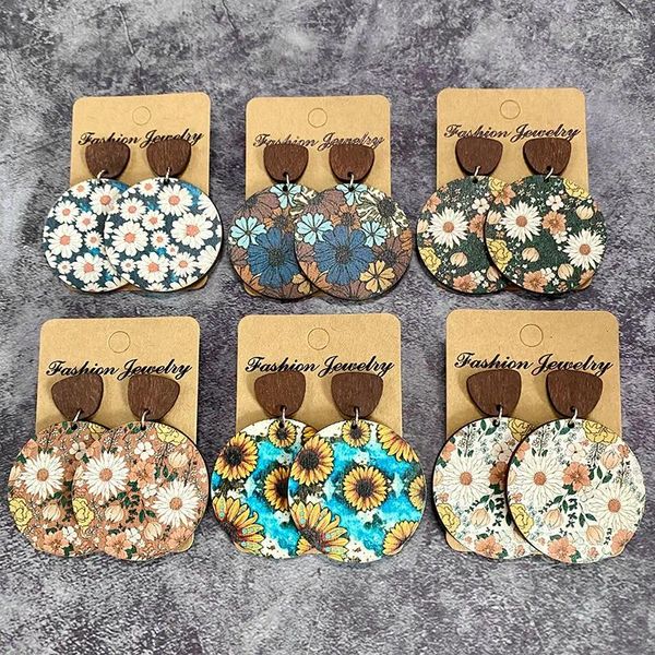 Pendientes colgantes de flores bohemias de madera para mujer, Retro, girasol, Margarita, estampado Floral, redondo, exagerado, joyería, venta al por mayor