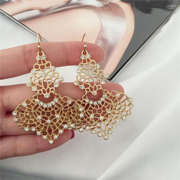 Pendientes colgantes Bohemia oro o hematita chapado en Color piedra clara pavimentación filigrana gota para mujer chica Casual bonito accesorio de fiesta