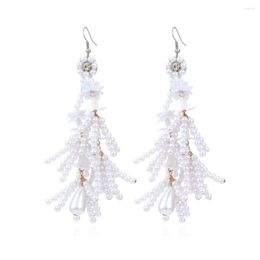 Boucles d'oreilles pendantes style bohémien, faites à la main, en acrylique, avec pompon et fleur, pour femmes, chaîne de perles à la mode, pendentif, 2023
