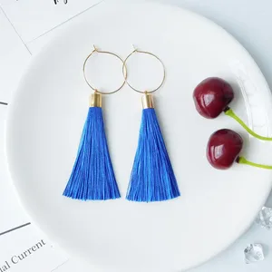 Boucles d'oreilles pendantes en tissu de soie bohémien, longue goutte ethnique, fête d'été, vacances, frange, bijoux pour femmes, boucle d'oreille de déclaration de mode