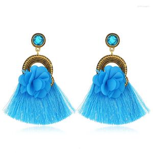 Boucles d'oreilles pendantes bohémien, déclaration géométrique en tissu festonné, fleur, pompon en cristal, longues boucles d'oreilles pour femmes, bijoux à franges de mariage