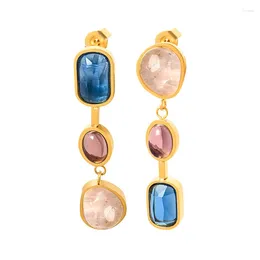 Boucles d'oreilles pendantes Style bohémien en acier inoxydable incrusté de verre de cristal, clous en pierre naturelle pour femmes, breloques, bijoux imperméables